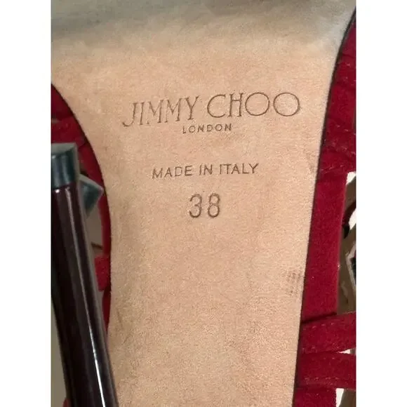 Jimmy Choo Red Suede Strappy Heels Size 38 - Picture 6 of 6